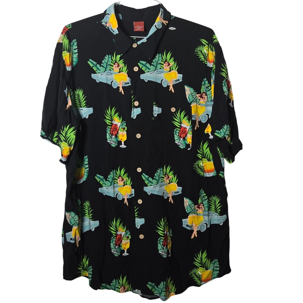 Junction West Mens Black Pinup Girl Classic Car Hawaiian Shirt XXL Tropical Tiki